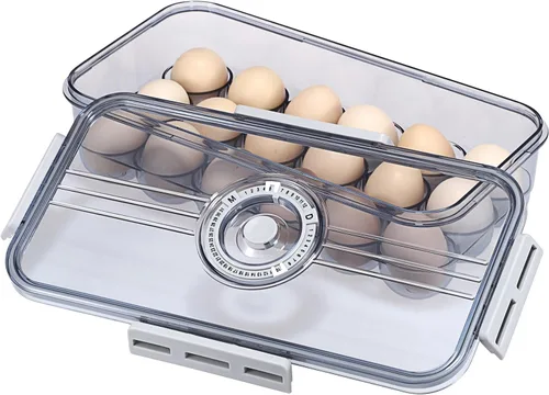 Miniatura 10 de BSTKEY Soporte para huevos para refrigerador, contenedor de huevos con escala de tiempo, soporte para huevos con tapa para almacenamiento de cocina
