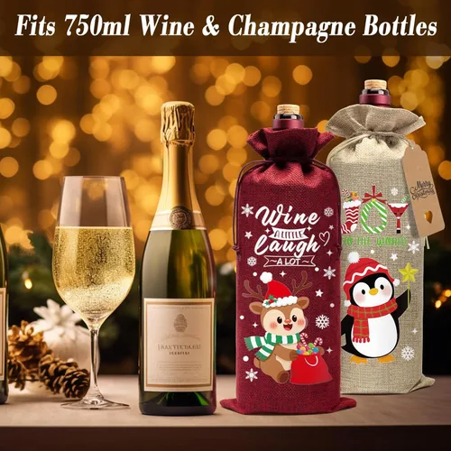 Miniatura 3 de Aoonby 12 piezas de bolsas de vino de arpillera, bolsas de regalo de vino de Navidad para botellas, regalos, bolsa de botella de Navidad con cordón