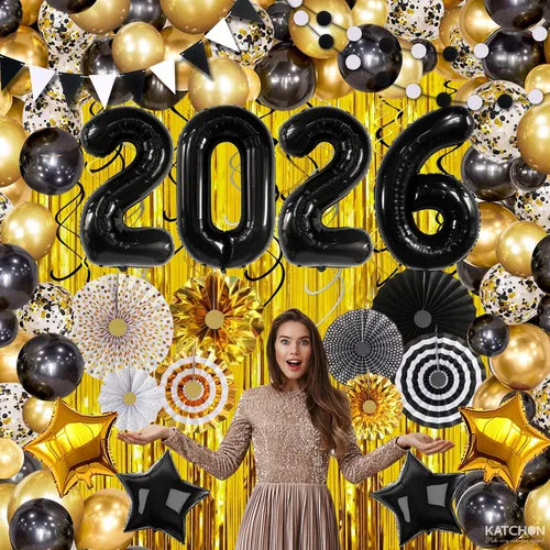 Miniatura 9 de KatchOn, Juego de decoraciones de Año Nuevo 2026 negro y dorado, paquete grande de 115 unidades, kit de arco de globos de Feliz Año Nuevo, globos