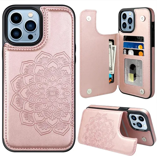 Miniatura 12 de MMHUO Funda para iPhone 14 con tarjetero y parte trasera magnética de flores para iPhone 14, funda protectora para iPhone 14, color oro rosa