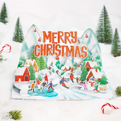 Miniatura 4 de POPWOW Tarjeta desplegable de vacaciones de montaña, Feliz Navidad, nieve, esquí, tarjetas de felicitación 3D, regalos para mujeres, hombres, niños