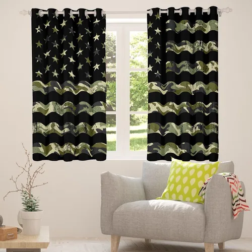 Miniatura 7 de Cortinas opacas de camuflaje con bandera estadounidense, regalo para niños, cortina de ventana de camuflaje verde con rayas negras, estrellas