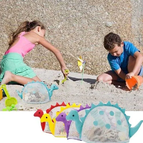 Miniatura 7 de AUONY Bolsa de playa de malla para juguete de playa, bolsa de conchas para niños, bolsa de juguete de arena de dinosaurio para sostener conchas, Azul