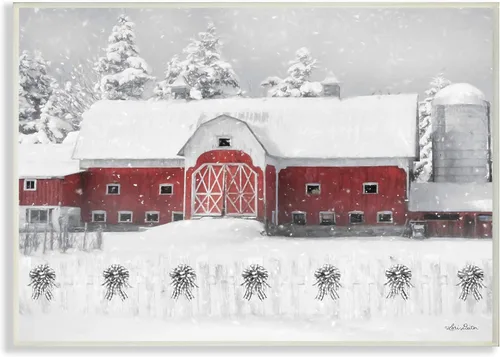 Stupell Industries Red Barn Winter Scene Farm Charm Snowfall - Placa de pared con diseño de Lori Deiter, 10 x 15 pulgadas, color blanco roto |