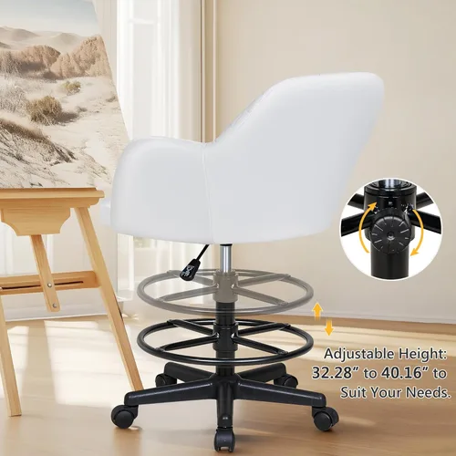 Miniatura 6 de VECELO Silla de dibujo de piel sintética con respaldo bajo y reposapiés, altura ajustable, ruedas giratorias, para dibujo/escritorio de pie/oficina