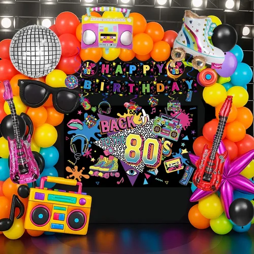 Miniatura 6 de Decoraciones de fiesta de los años 80, suministros para fiesta de cumpleaños de los 80, incluye telón de fondo, pancarta, espirales colgantes
