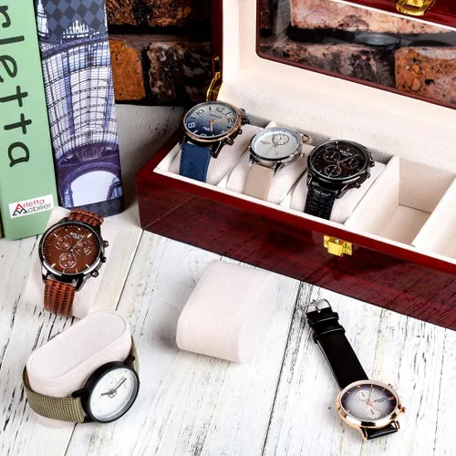 Miniatura 6 de Karamanda Caja de reloj de pintura de madera con 6 ranuras anchas, organizador de almacenamiento de reloj rojo cereza con parte superior de vidrio
