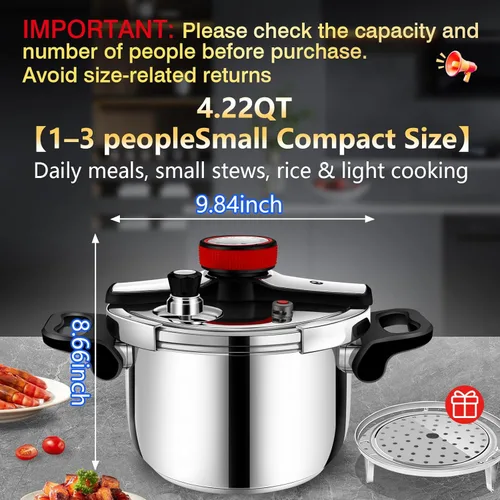 Miniatura 3 de Olla a Presión de Acero Inoxidable 304 4 QT (4.22 Quart) - Bloqueo de Seguridad a Prueba de Explosión, Operación con una Mano, Cocina Rápida