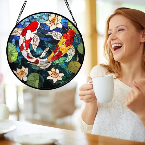 Miniatura 3 de Atrapasoles de Vidrio Manchado para Colgar en Ventanas, Koi y Loto para Puerta, Decoración del Hogar, Atrapasoles de Pescado, Regalos de Navidad