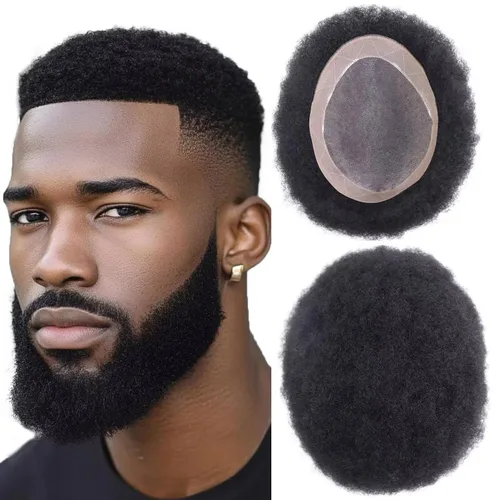 Miniatura 19 de HAPPY&CC Afro - Sistema de piezas de cabello humano tipo toupee para hombre, encaje suizo duradero con poliuretano para hombre, peluca tipo tupé #1