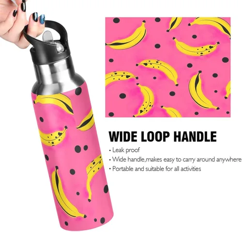 Miniatura 4 de Stainless Steel Water Bottle 20 Oz, Leakproof Water Bottles for Gym Outdoor Travel School, Yellow Bananas Black Dots