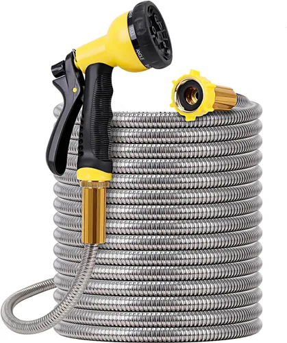 Manguera de jardín de metal de 25 pies, manguera de agua resistente de acero inoxidable con boquilla de metal sólido y rociador de 8 funciones,