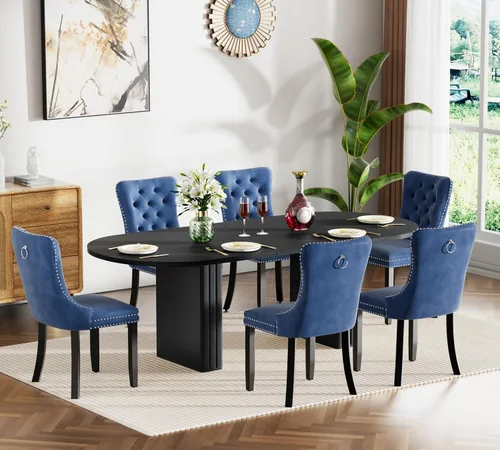 Miniatura 29 de Juego de 4 mesas de comedor extensibles, mesa de comedor ovalada negra y 4 sillas de comedor de terciopelo negro con patas de madera, juego de mesa