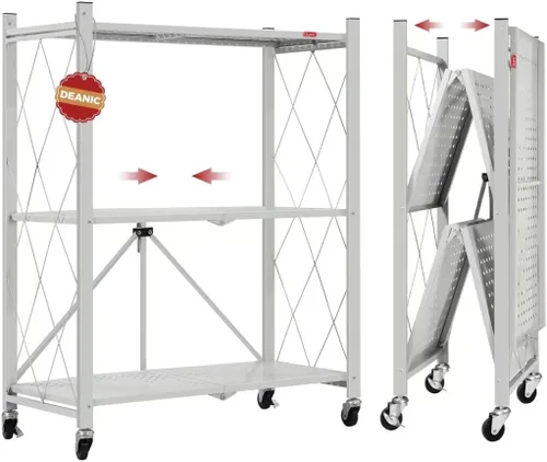 DEANIC Estantes de almacenamiento plegables de 3 niveles con ruedas, soporte para electrodomésticos de cocina, estante de alambre de metal Gris