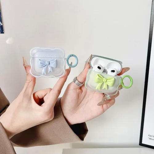 Miniatura 7 de Linda funda transparente para AirPods de 3ª generación, color verde, diseño de lazo femenino, TPU suave, a prueba de golpes, Kawaii Airpods