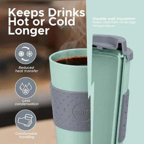 Miniatura 3 de Copco Acadia - Taza de viaje de 16 onzas con tapa, juego de 2 vasos aislados de doble pared, funda antideslizante y sin BPA, apta para microondas