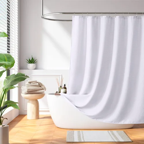 Madison Park - Cortina de ducha, punto gofre, cortina de ducha de tela con control de humedad Scotchgard 3M, 36 x 72 pulgadas, blanco Blanco Sólido