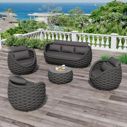 Miniatura 21 de Juego de muebles de patio de 4 piezas ensamblado, conjunto de sofá de conversación para exteriores de cuerda tejida a mano - Sofá de aluminio Cuerda