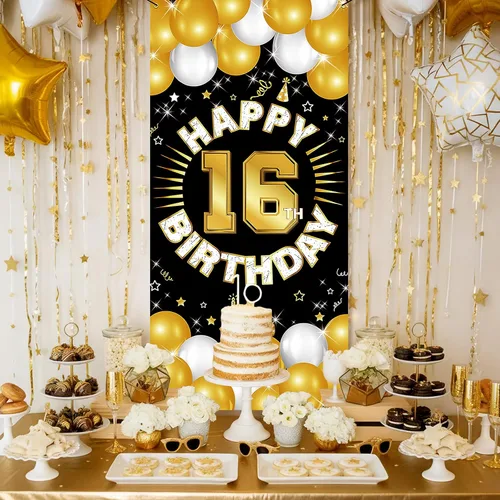 Miniatura 3 de Decoraciones de feliz cumpleaños número 16 para niños y niñas, pancarta de tela para cumpleaños de 16 años, suministros de fiesta de dieciséis años