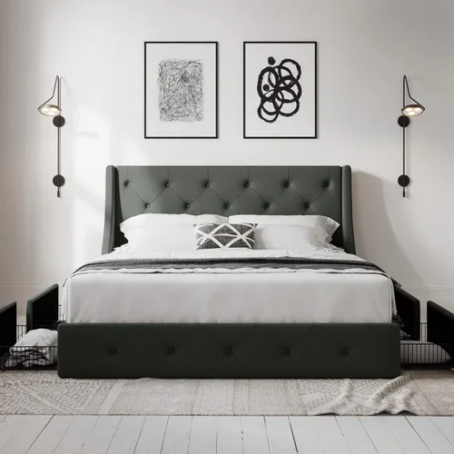 Miniatura 3 de Allewie - Base de cama de tamaño completo con 4 cajones de almacenamiento y cabecera con respaldo, diseño acolchado con botones, no necesita somier