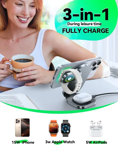 Miniatura 4 de Estación de carga inalámbrica Qi2 3 en 1, soporte de cargador inalámbrico rápido JOYROOM de 15 W para iPhone 16/15/14/13, Apple Watch, AirPods