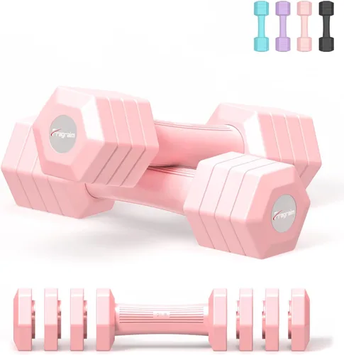 Juego de mancuernas ajustables, juego de pesas de mano 4 en 1 para mujeres y hombres, un par de mancuernas de 10 libras cada uno de 2 libras, 3 Rosa