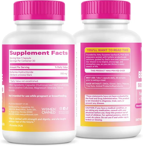 Miniatura 9 de Pink Stork Berberina 500 mg - Activador metabólico diario AMPK - 500 mg de metabolismo + apoyo para la salud intestinal para mujeres - probado por