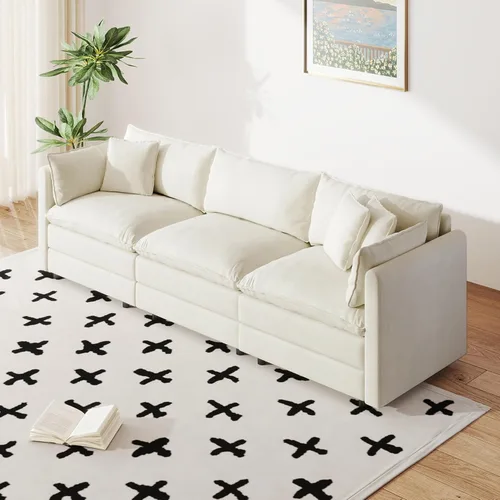 Miniatura 38 de Setawix Sofá Profundo de 3 Plazas con Otomana, Sofás de Nube en Forma de L de 112.2" para Sala de Estar, Sofá de Nube de Chenilla con Asiento Café