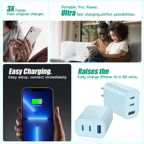 Miniatura 6 de Paquete de 2 bloques de cargador para iPhone 17, bloque de cargador USB C de 35 W y 3 puertos de carga rápida, enchufe de pared multipuerto USB C