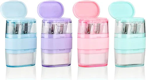 4 sacapuntas manuales con borrador, sacapuntas multicolor de doble agujero con borrador, divertidos artículos de papelería, suministros de regreso a