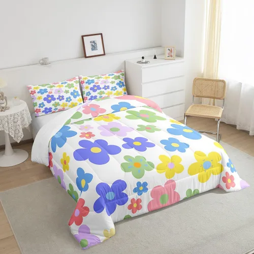 Miniatura 4 de Lindo juego de edredón de flores para niños y mujeres. Juego de ropa de cama de flores coloridas de dibujos animados, tamaño individual, bonito
