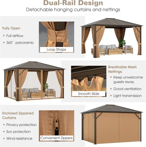 Miniatura 4 de Tangkula Gazebo de techo rígido de 12 x 10 pies, cenador de doble parte superior para exteriores con parte superior de acero galvanizado, marco