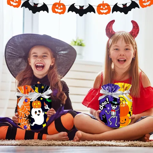Miniatura 4 de Aliceset 50 bolsas pequeñas de regalo con cordón de Halloween – Bolsas de plástico de regalo de esqueleto de araña, fantasma, para Halloween