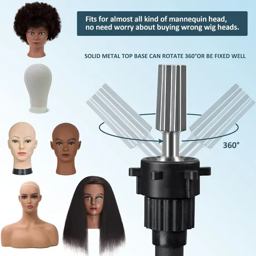 Miniatura 3 de Klvied Trípode para peluca para práctica de trenzado y peinado de peluca, soporte de cabeza de maniquí ajustable de 25 a 53.5 pulgadas con bandeja