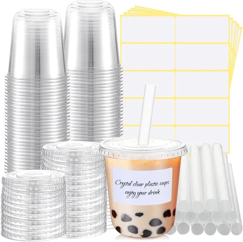 Miniatura 10 de Ziliny 25 juegos de vasos de plástico transparente con tapas, pajitas y pegatinas, vasos desechables de PET engrosado para café helado, té