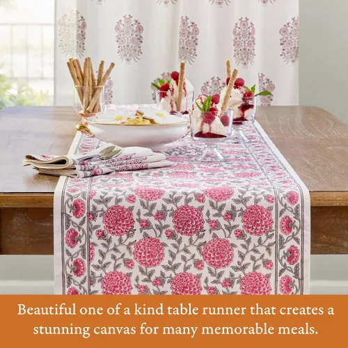 Miniatura 3 de Saffron Marigold Camino de mesa rosa de 18 x 108 pulgadas, centro de mesa de comedor impreso a mano, 100% algodón lavable para decoración del hogar