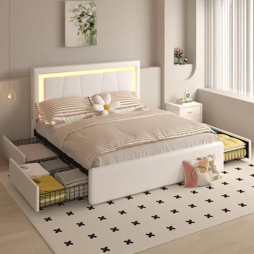Miniatura 8 de Benevika Marco de Cama Queen con 4 Cajones de Almacenamiento y Cabecera Ajustable, Cama de Plataforma Tapizada con LED con Puertos Tipo C y USB