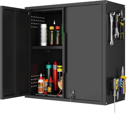 Miniatura 13 de Armario de Almacenamiento de Metal para Garaje con Ruedas, Armario para Escobas con Cerradura con Estantes Ajustables, Gabinete de Herramientas
