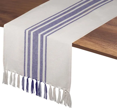 Miniatura 11 de Native Fab Camino de mesa verde azulado de 72 pulgadas de largo – Fundas de mesa bohemias a rayas con flecos – 100% algodón, tejido apretado, mantel