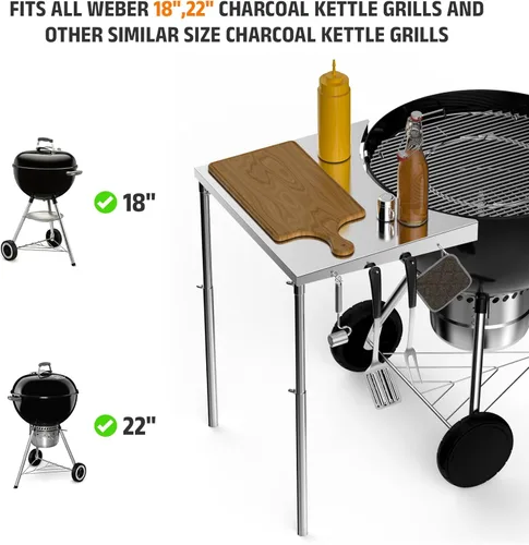 Miniatura 2 de Stanbroil Mesa de Trabajo de Acero Inoxidable se Ajusta a Todas las Parrillas de Carbón Tipo Kettle Weber de 18", 22" y Otras Parrillas de Carbón