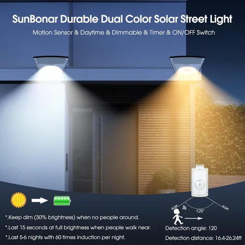 Miniatura 4 de Sensor de movimiento solar de luz de calle SunBonar, impermeable IP65 para entrada 3000K/6000K,3 Work Modes,Dimmable,Time Setting, Solar Flood