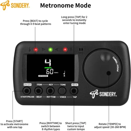 Miniatura 2 de Sondery Sintonizador de metrónomo digital 3 en 1 para todos los instrumentos, metrónomo recargable con Tap Tempo, afinador cromático generador