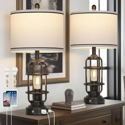 Miniatura 12 de Modern Table Lamps Set of 2, Industrial 3-Way Dimmable Bedside Lamp with USB A+C Ports & AC Outlet, 25" Touch Control Nightstand Lamp LED Night