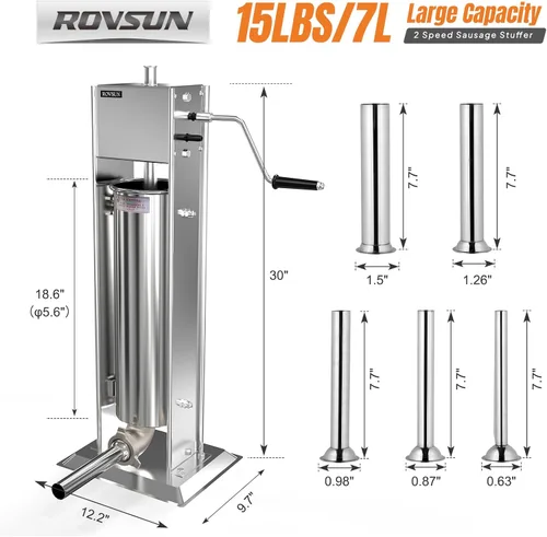 Miniatura 8 de ROVSUN Embutidora de salchichas manual de 15 lb/7 l, máquina de salchichas vertical de dos velocidades de acero inoxidable, máquina de relleno