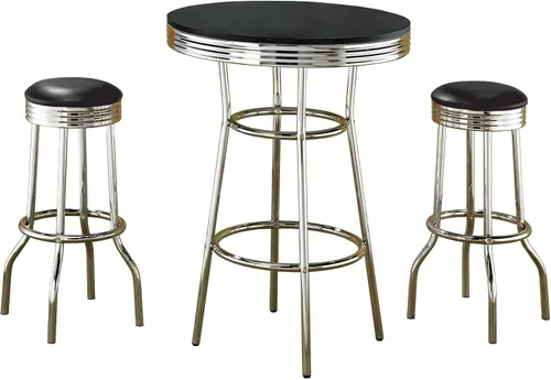 Coaster Home Furnishings - Retro años 50 - Juego de bar de 3 piezas - Metal y laminado - Mesa redonda, taburetes de bar giratorios, patas cromadas -