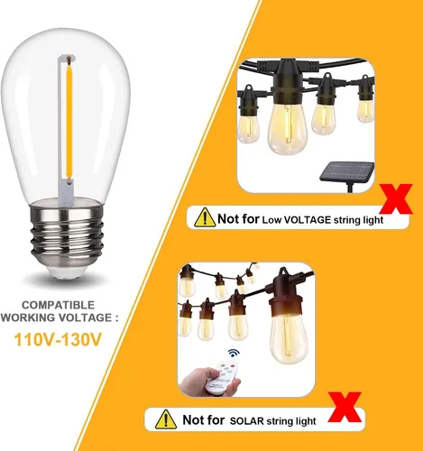 Miniatura 5 de Paquete de 15 bombillas LED S14, bombillas de repuesto inastillables e impermeables de 1 W, bombillas LED Edison con base E26, blanco cálido 2200 K