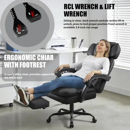 Miniatura 5 de LEMBERI Silla de oficina ejecutiva de 400 libras con reposapiés, silla de escritorio ergonómica resistente grande y alta con reposacabezas Negro