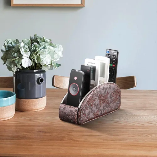 Miniatura 6 de Soporte de cuero para control remoto, organizador universal de control remoto de TV con 5 compartimentos, organizador de escritorio o mesita