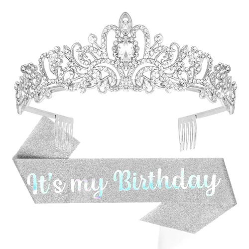 YISSION Juego de tiara y banda de cumpleaños con diamantes de imitación plateados, banda con purpurina con corona de cristal para mujer,