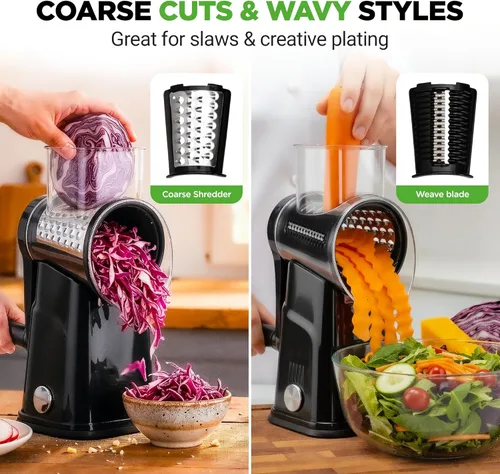 Miniatura 5 de NutriChef Rallador y triturador de queso 5 en 1 5 cuchillas diferentes para tiras finas, gruesas, de juliana, onduladas y rectas Incluye Negro